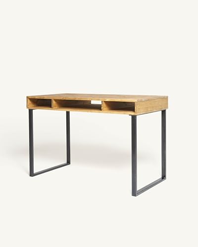 HANNUN Mesa de Escritorio/Oficina Elma | Madera Maciza de Abeto y Hierro Fundido | Fabricación Artesanal | Color Desierto - 120 x 60 x 78 | 6 cm - 3 Compartimentos