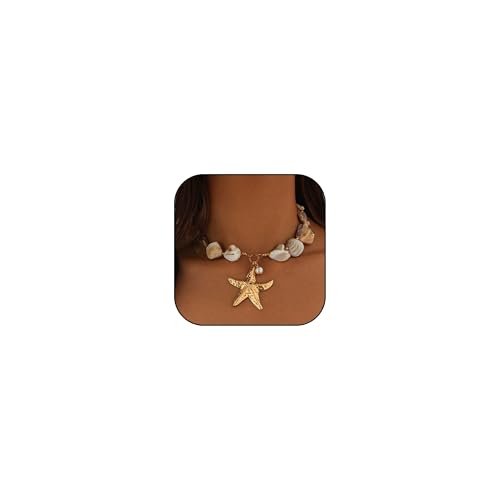 Gold Shell Starfish Necklace for Women Pearl Shell Necklace Layered Beaded Starfish Necklaces Summer Beach Surf Jewelry Gifts for Women