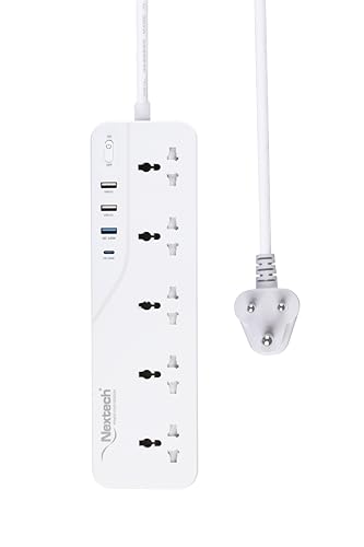 Nextech Power Plate 9-in-1 Extension Board with 5 Universal Sockets, 20W Type-C Port, 3 USB Ports with 2.1 Amp USB Output & 3M Long Cord | 2500W Multi Plug Surge Protector for Home & Office