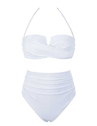 Hilor Bandeau Two Piece Bathing Suits for Women with Strap Retro High Waisted Swimsuits Sexy Push Up Bikini Swimwear4