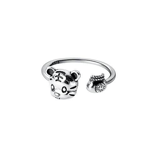 Bague ajustable pour femme en argent S925 motif tigre rétro et sac de la fortune