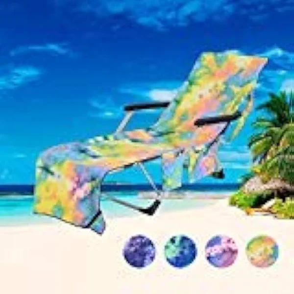 Pool Chair Towel with Side Pockets,Microfiber Chaise Lounge Towel Cover for Sun Lounger Pool Sunbathing Garden Beach Hotel,Easy to Carry Around,No Sliding,Tie-Dye Yellow(82.5" x 29.5")