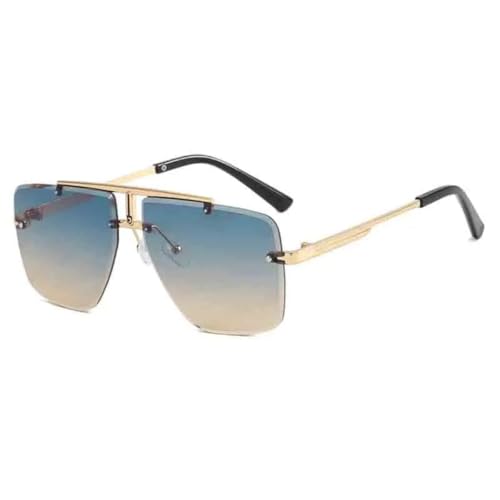 Lunettes de soleil rétro sans monture en métal doré et bleu pour homme et femme