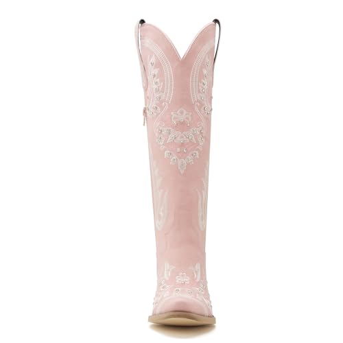 Image of vodvob Western Cowboy Boots for Women Rhinestone Knee High Cowgirl Snip Toe