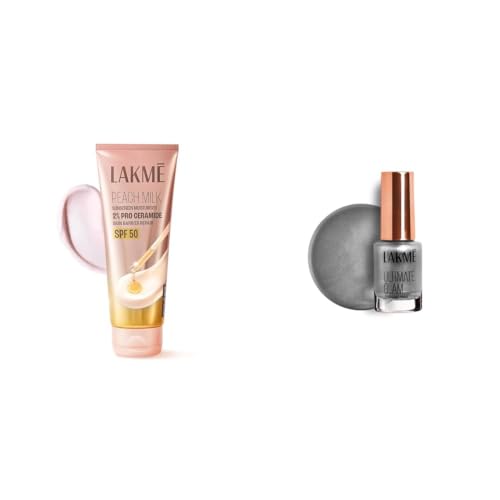 Image of Lakme Peach Milk Sunscreen Moisturiser SPF 50 PA with 2% Pro-Ceramides Peptides LAKME Ultimate Glam Chrome Nail Paint, Gunmetal 6ml