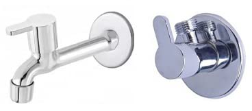 Spazio Stainless Steel Fusion Angle Valve With Long Body Combo Pack Foam Flow Water Taps With Wall Flange (Pack of 1) (Chrome Plated, Brass Disc)