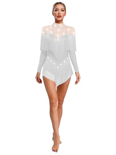 Sxiwei Damen Langarm Latein Rumba Chacha Kleider Fransen Tanz Trikot Ballett Tanzbody Leotards Tanzkostüm Weiß M