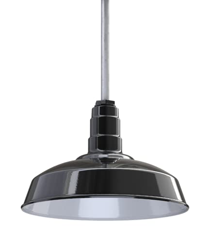 Image of Steel Lighting Co. Carson Barn Light | Ceiling Mounted Pendant | 16 inch Dome | 12 inch Sloped Stem | Industrial Style Steel Light Made in America | Black Exterior /White Interior