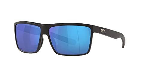 Costa del Mar Mens Rinconcito Rectangular Sunglasses, Matte Black/Blue Mirrored Polarized-580G, 60 mm