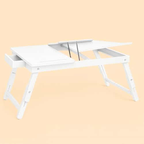 Image of Wooden Laptop Table Standard Adjustable Study Table with Laptop, Portable Lap Desk, Multifunctional Bed Table with Drawer and Folding Legs (White)
