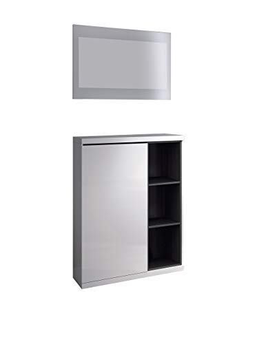 duehome Recibidor Zapatero con Espejo, Modelo Adhara, Acabado en Blanco Brillo y Gris Ceniza,...