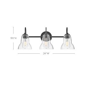 Lark Vera 85563BK Three-Light Bath Vanity Fixture - Mount Up or Down, Clear Glass Bell Shades - Black Lark Vera 85563BK Three Light Bath Vanity Fixture Mount Up or Down Clear Glass Bell Shades Black