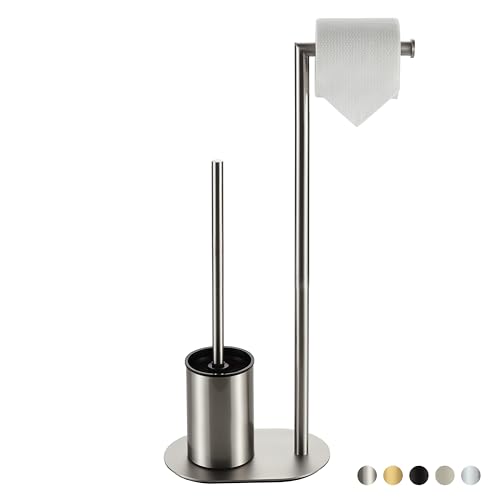 BVL Piantana Portarotolo e Scopino Spazzolato, Scopino WC con Porta Carta Igienica in Acciaio Inox, Porta Carta Igienica da Terra Scopino Bagno WC