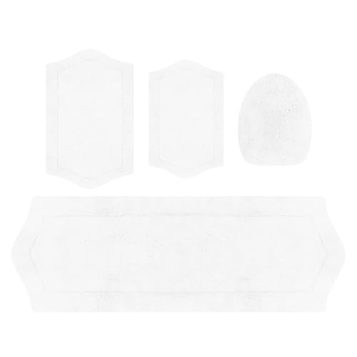 Home Weavers Waterford Collection 100% Cotton Tufted Bath Rug, Extra Soft and Absorbent Bath Rugs, Non-Slip Bath Mats, Machine Washable Bath Mats for Bathroom, 4 Piece Set with Toilet Lid Cover, White