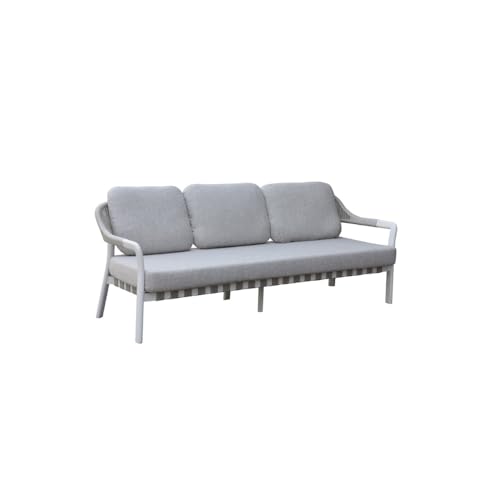  KLULK Divano Da Esterno 3 Posti Martinica In Alluminio Verniciato A Polvere Bianca, Intreccio In Corde Tetoron, Completo Di Cuscini Sfoderabili In Tessuto Olefin, L 205 x P 75 x H 75 Cm