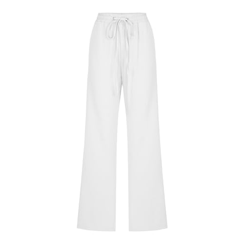 Image of Linen Pants Women High Waisted Drawstring Casual Pant Cotton Linen Straight Leg Lounge Trousers with Side Pockets