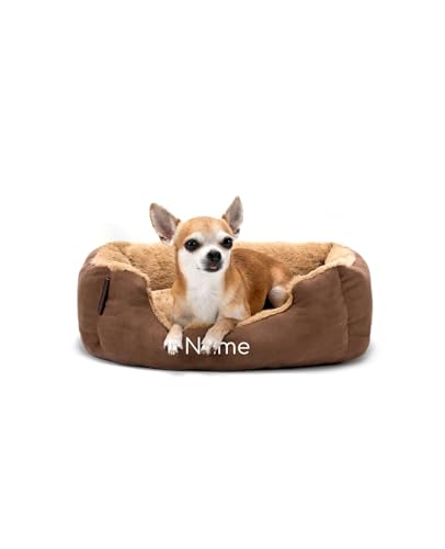 lionto Hundebett mit Wendekissen und Rutschfester Unterseite, Heimtierkissen mit tiefem Einstieg für Hunde und Katzen jeden Alters, 50x37 cm, kuscheliges Hundekissen, braun/beige (Namensaufdruck)