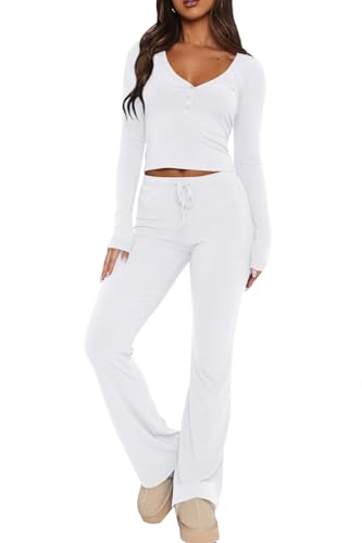 REVETRO Lounge Sets For Women 2 Piece Pajama Set Outfits Long Sleeve Shirts and GYM Yoga Pants Two Piece Workout Sets White S