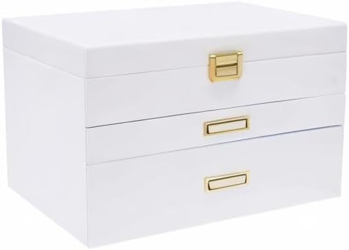 Miniatura 10 de LOYALHEARTDY Joyero de madera grande de 3 capas, organizador grande de joyería para mujeres, 2 cajones de almacenamiento para anillos, collares,