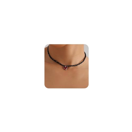 Octwine Vintage Black Crystals Choker Necklaces Trendy Retro Beads Round Chunky Short Simple Red Love Pendant Necklace Dainty Chunky Halloween Black Choker Necklaces for Women