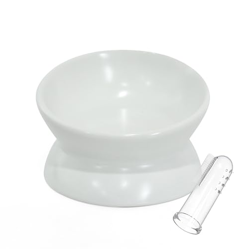 Lukitas ペットボウル ペット食器 脚付きフードボウル 餌入れ 餌皿 陶器 セラミック 高さがある 猫 犬 傾斜 斜め 猫ニキビ防止 吐き戻し防止 首や腰への負担軽減 指歯ブラシ付き(ホワイト)