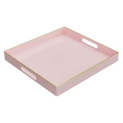 MAONAME Decorative Tray, Pink Serving Tray with Handles, Coffee Table Tray, Square Plastic Tray for Ottoman, Bathroom, Kitchen, 13"x13"x1.57" Cover
