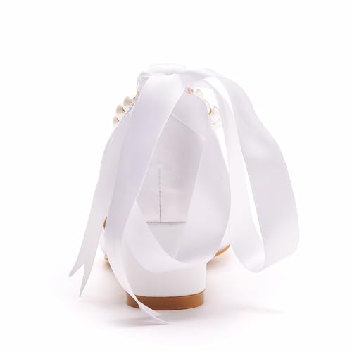 Women's Pointed Toe Pearl Ribbon Chunky Heel Pumps,Low Heel Satin Bow Heels,Wedding Shoes for Bride,Light Comfortable Fashion Evening Dress Shoes4