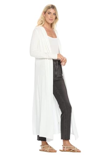 Image of Isaac Liev Women's Maxi Cardigan Casual Trendy Extra Long Open Front Floor Length Drape Lightweight Duster Cardigans- Womens Sweaters with Hoodie 197 WHT XL
