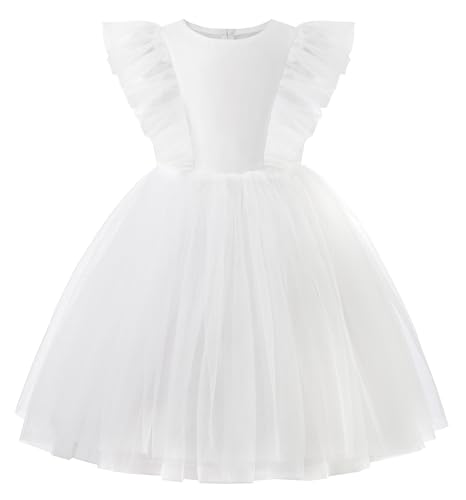 Uhnice Flower Girl Pearl Dress Flutter Sleeve A-Line Tulle Tutu for Wedding Birthday Party
