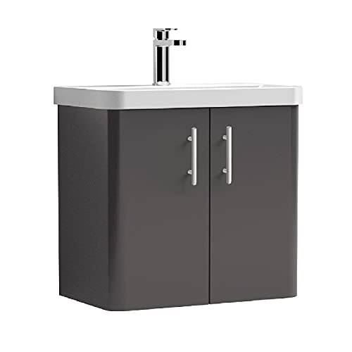 nuie COR90533 Core Modern Bathroom Furniture Bundle-Wall Hung 2 Soft Close Door Vanity Basin Unit & Knurled Bar Handle, 600mm, Gloss Grey Mist/Satin Chrome