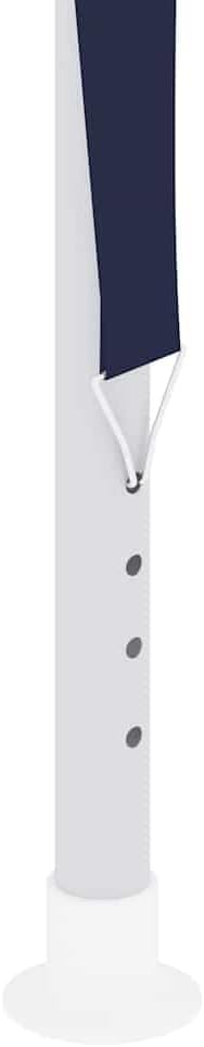 Close-up of a white tent leg pole with a blue fabric strap attached, showing adjustment holes and a base foot.