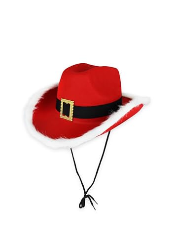 HENBRANDT 1 x Red Santa Cowboy Hat Adult - Christmas Western Fancy Dress Costume with Black Belt Gold Buckle White Fur Trim and Chin Cord - Image 2