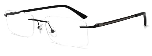 Montures de lunettes noir rectangle en métal sans frontières avec verre transparent uni