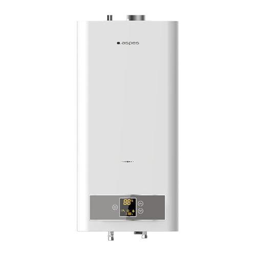 Aspes ACE1110B Gasheizung, 11 Liter, vertikale Installation, 45 W, inklusive Montageset, mechanisches Thermostat, digitales Thermometer, Weiß, Energieeffizienzklasse A