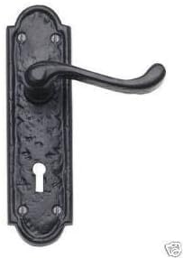 Ironmongery Solutions® Black Antique Victorian Scroll Door Handles on Shaped Backplate Lever Lock Set