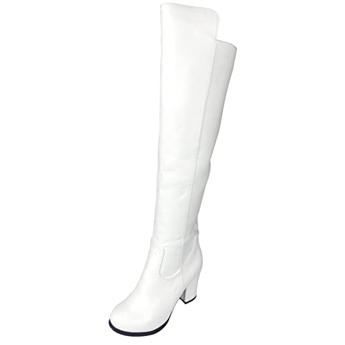 Joliss Mujer Tacón Ancho Moda Sobre La Rodilla Boots Mujer Cremallera Punta Redonda Botas Largas Tacón Medio Zapatos Largas Blanco Talla 38 EU/39Cn