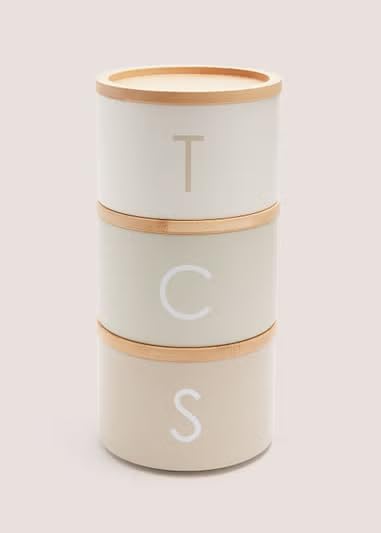 Neutral Metal Tea Coffee & Sugar Stackable Canisters (27cm x 13.5cm)3 Pieces Jar with Air Tight Wooden Lid Kitchen Storage Tins (White)