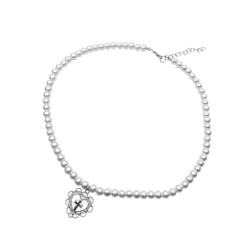 Collier de perles avec pendentif croix et cœur double rangée