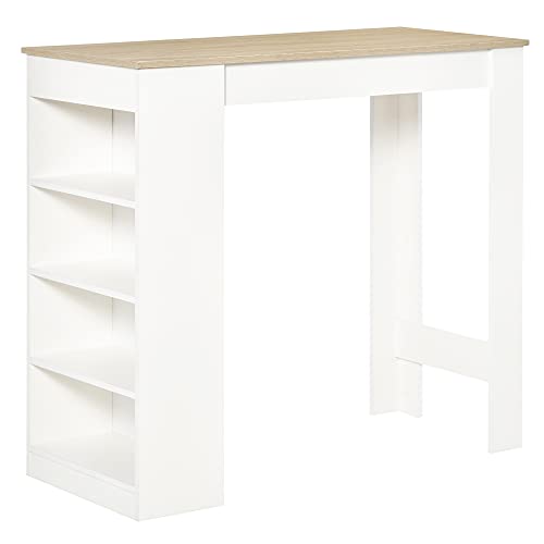 HOMCOM Table de Bar pour 2 Personnes, Table Haute Mange Debout avec 4 étagères Ouvertes, pour Petits espaces, Cuisine, Salon, 115 x 50 x 102,7 cm, Style Moderne, Blanc...