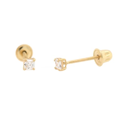 Princess Cut Clear Cubic Zirconia Basket Stud Earrings 14K Gold 2mm - 6mm