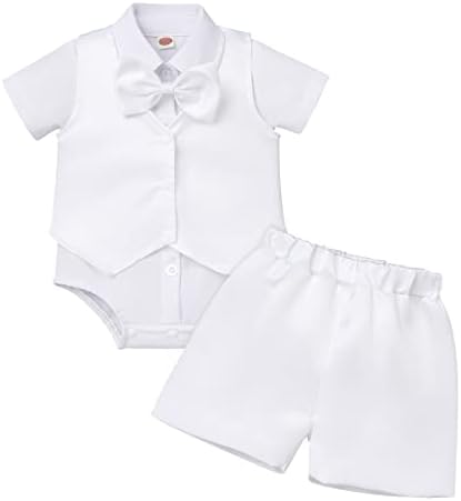 Baptism Christening Outfits for Boys Baby Formal Suit Gentleman Bowtie Romper Vest Shorts Pants White Wedding Tuxedo Outfits 1/2 1st/2nd Birthday Cake Smash Clothes 3PCS Set White 6-12 Months