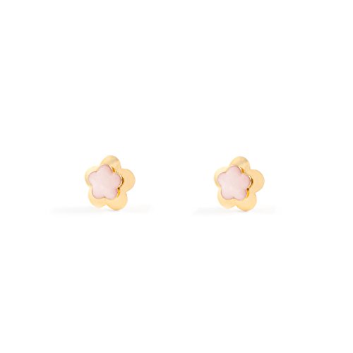 Pendientes Bebe o Niña Oro flor Esmaltada Rosa - Estuche Regalo - Certificado de Garantía - Mondepetit
