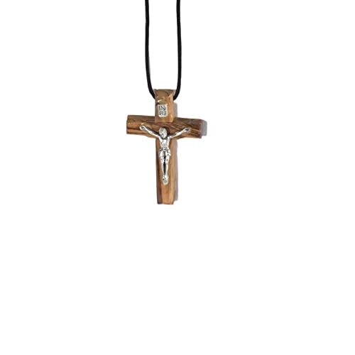 Bethlehem Made Wooden Cross (Olive Wood) Budded Cross Pendant on Black Cord Necklace in Nat - 24