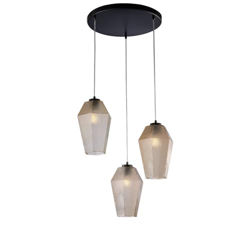 Suspension Prisma en fer noir et verre ambré soufflé à 3 lumières d.47 cm