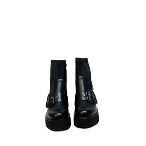 Bottes élégantes noires avec boucle en cuir véritable pour femme