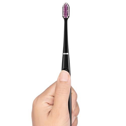 Image of GUM Sonic Powered Toothbrush, Black, 1 Handle + 2 Refills | 12,000 sonic vibrations, & tapered bristles help reach below gumline, 1 AAA battery, Travel cap, 2 replacement heads included