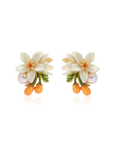 Orange Blossom Flower Kumquat Pearl Enamel Stud Earrings Handmade Jewelry Gift Juicy Grape Mothers' Day