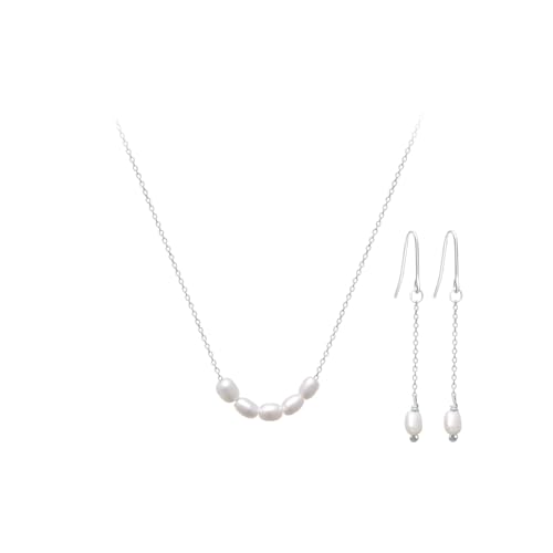 Elegant Freshwater Pearl Necklace and Earring Set for Women Perfect Wedding Jewelry, Pearl Choker & Earrings in Silver，18 + 2 Inch Adjustable 925 silver Chain