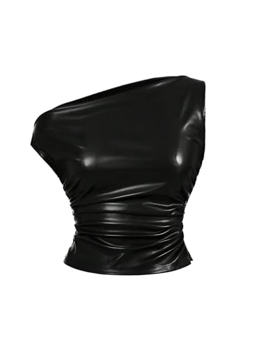 Milumia Women's Asymmetrical Faux Leather Top Ruched One Shoulder Sleevelss Y2k Crop Top Concert Outfits