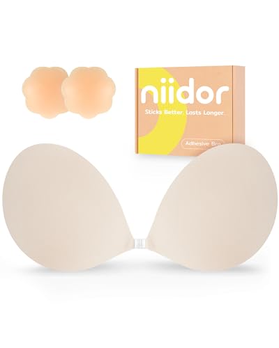 Niidor Women's Silicone Adhesive Bra, Invisible Sticky Bra, Strapless Backless Reusable Bra for Wedding Dress Off-White